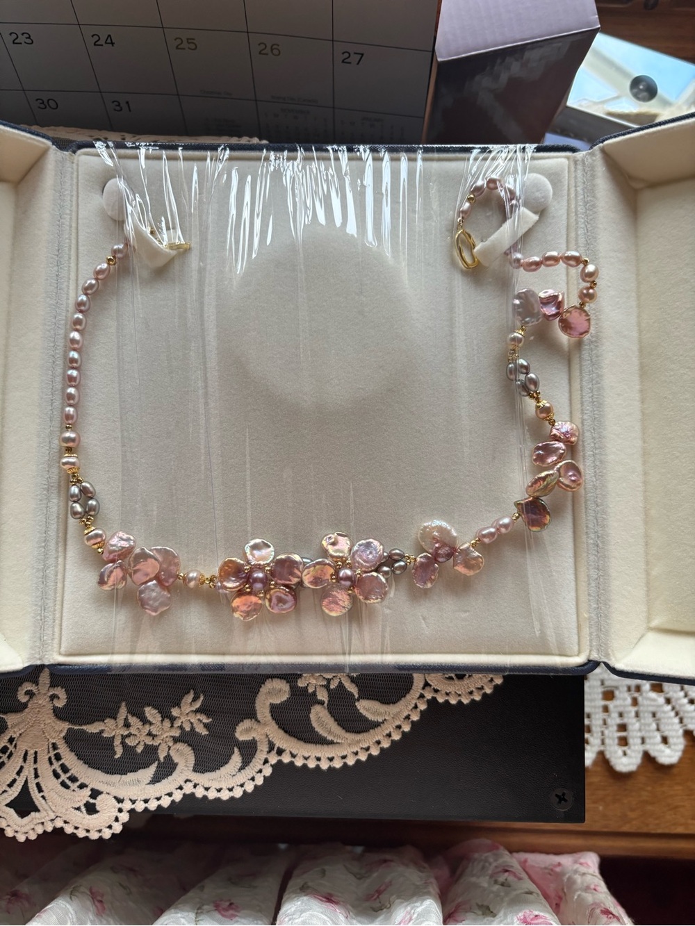 Pink Floral Pearl Necklace with Gold Accents - Women Jewelry